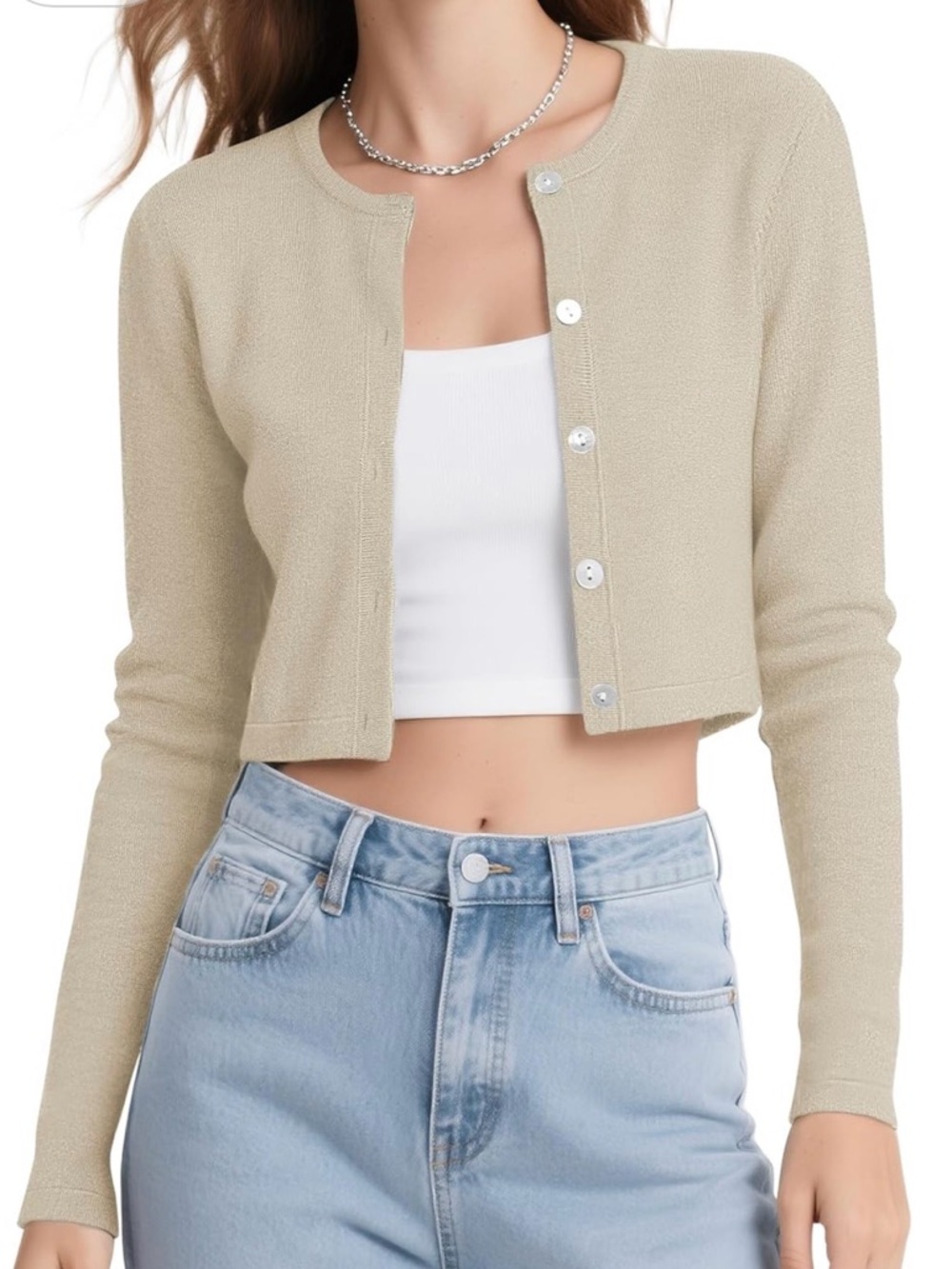 Cropped Beige Button-Front Cardigan Sweater
